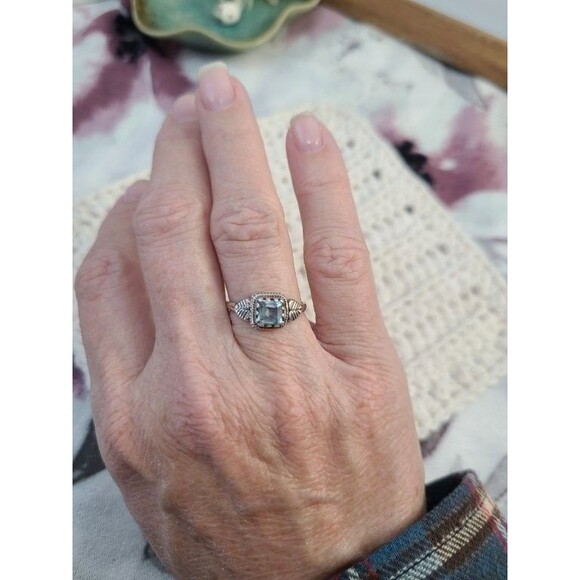 Sterling Silver Blue Topaz Ring 925 Size 5.5 Square Cut Vintage Leaf Band Gift - Picture 4 of 7